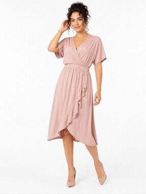 Love Squared Blush Midi Faux Wrap Dress Romantic Wedding Guest NWT L
